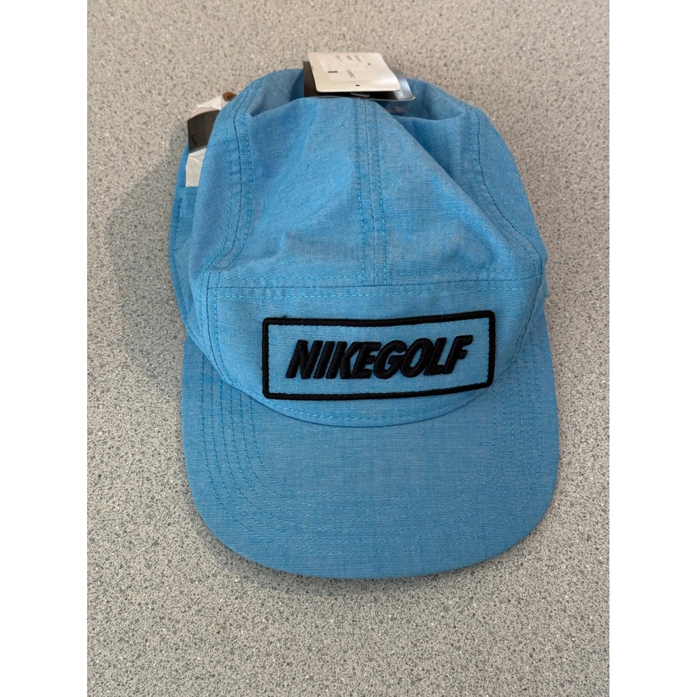 Nike Golf 5 Panel Camp Hat Light Blue Leather Strapback Cap 746735-406 NEW